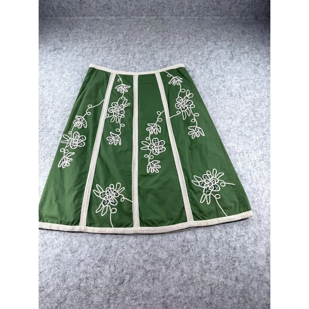IPSA Anthropologie Floral Embroidered A-Line Skirt Women 4 Green 100% Cotton Y2K